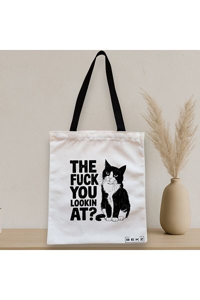 BEKZ Textile Bag With Zipper, Tote Bag, Model What Are You Looking At?, 38x34.5 Cm, ​​White, ®