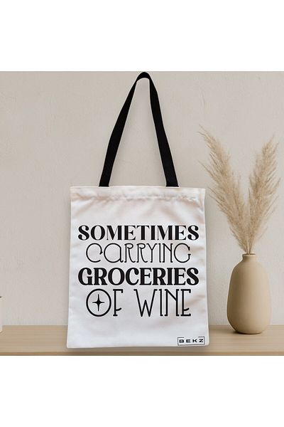 BEKZ Zippered Textile Bag, Tote Bag, Sometimes Carrying Groceries Of Wine Pattern, 38x34.5 Cm, ​​White