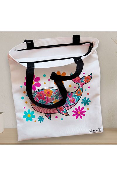 BEKZ Sacosa Textila Cu Fermoar, Geanta Tote, Model Fish Flower, 38 X 34.5 Cm, Alb, ®