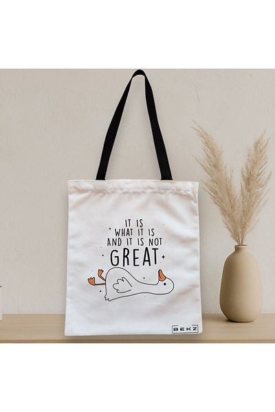 BEKZ Sacosa Textila Cu Fermoar, Geanta Tote, Model Silly Goose 1, 38 X 34.5 Cm, Alb, ®