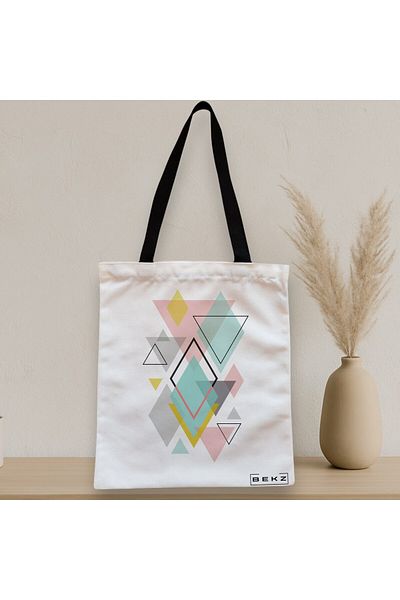 BEKZ Sacosa Textila Cu Fermoar, Geanta Tote, Model Geometrica Pastel, 38x34.5 Cm, Alba, ®
