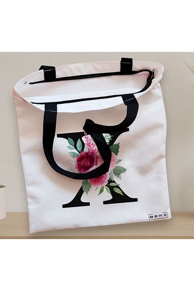 BEKZ Textile Bag With Zipper, Tote Bag, With Letter X And ​​Roses, 38x34.5 Cm, ​​White, ®