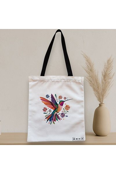 BEKZ Sacosa Textila Cu Fermoar, Geanta Tote, Model Multicolor Bird 38 X 34.5 Cm, Alb, ®