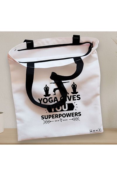 BEKZ Sacosa Textila Cu Fermoar, Geanta Tote Yoga Gives You Super Powers, 38x34.5 Cm, Alba, ®