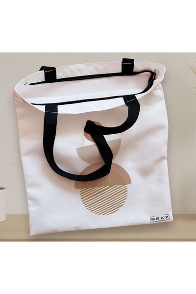 BEKZ Sacosa Textila Cu Fermoar, Geanta Tote, Model Echilibru Geometric, 38x34.5 Cm, Alba, ®