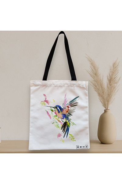 BEKZ Textile Bag With Zipper, Tote Bag, Watercolor Bird Pattern, 38x34.5 Cm, ​​White, ®