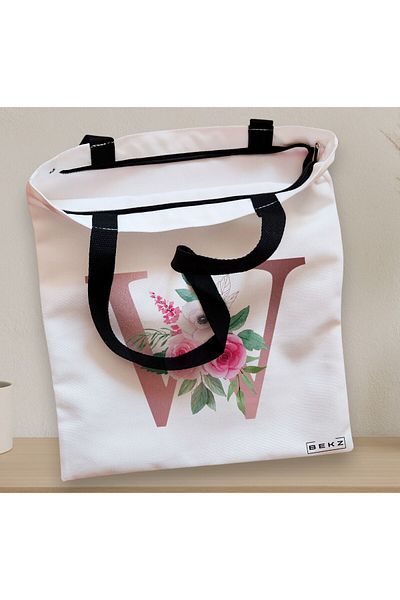BEKZ Textile Bag With Zipper, Tote Bag, With Letter W Rose Gold And Roses, 38x34.5 Cm, ​​White, ®
