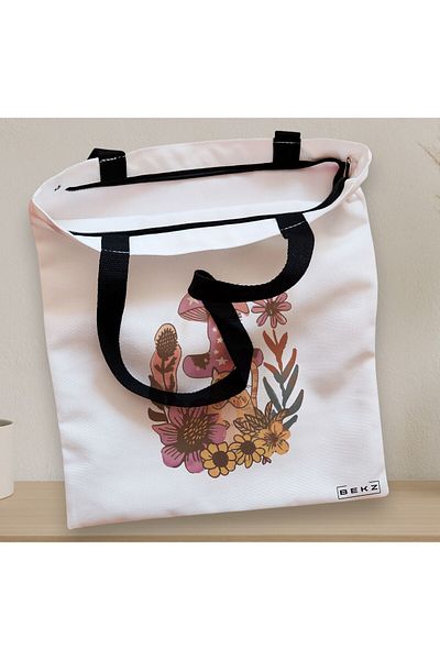 BEKZ Textile Bag With Zipper, Tote Bag Colorful Mushrooms 7, 38x34.5 Cm, ​​White, ®