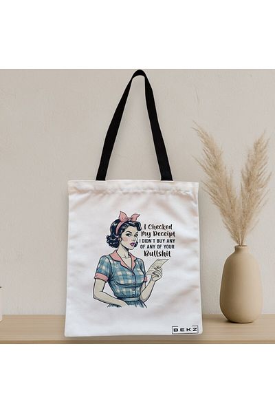 BEKZ Sacosa Textila Cu Fermoar, Geanta Tote, Model I Checked My Receipt 38 X 34.5 Cm, Alb, ®