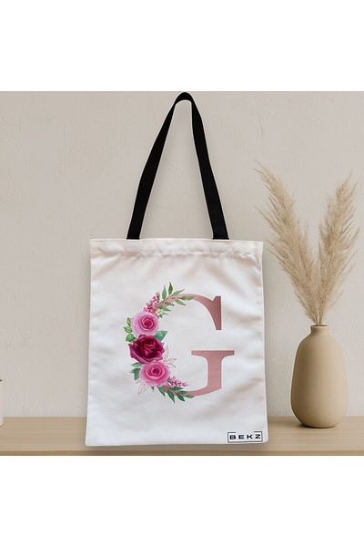 BEKZ Textile Bag With Zipper, Tote Bag, With Letter G Rose Gold And Roses, 38x34.5 Cm, ​​White, ®