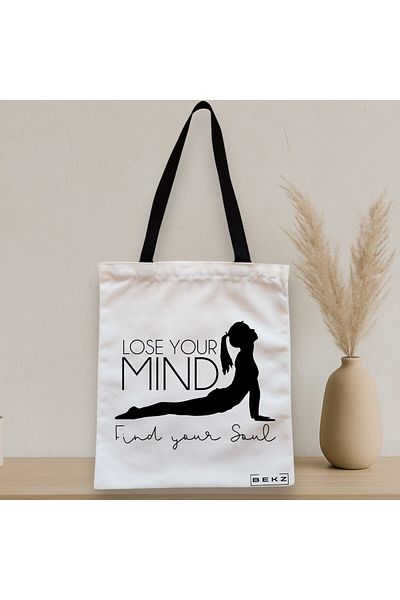BEKZ Sacosa Textila Cu Fermoar, Geanta Tote Yoga Lose Your Mind Find Your Soul, 38x34.5 Cm, Alba, ®