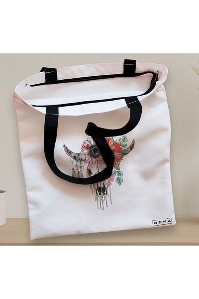 BEKZ Sacosa Textila Cu Fermoar, Geanta Tote, Cu Design Floral, 38x34.5 Cm, Alba, ®