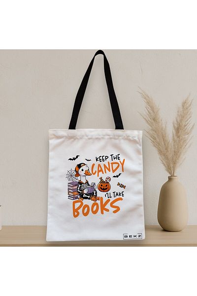 BEKZ Textile Bag With Zipper, Tote Bag, Keep The Candy I’ll Take Books Model 38 X 34.5 Cm, ​​White,