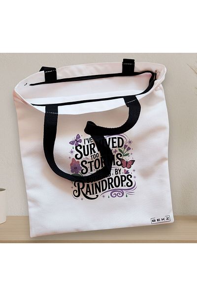 BEKZ Zippered Textile Bag, Tote Bag, I’ve Survived Too Many Storms Pattern 38 X 34.5 Cm, ​​White, ®