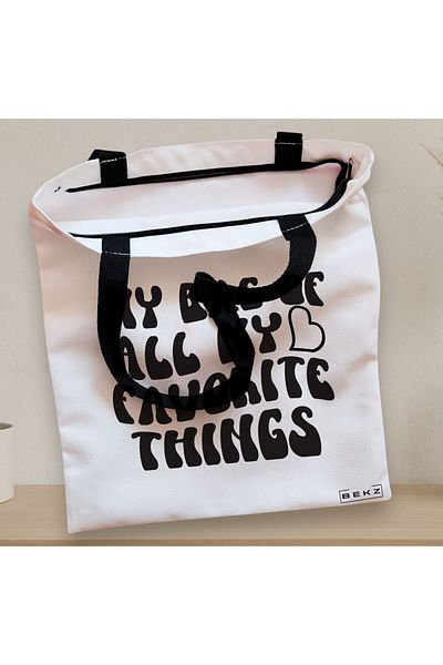 BEKZ Textile Bag With Zipper, Tote Bag, Model My Bag Of All My Favorite Things, 38x34.5 Cm, ​​White, Beige