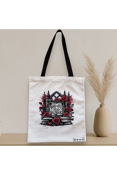 BEKZ Sacosa Textila Cu Fermoar, Geanta Tote, Model Good Girls Read Bad Books 38 X 34.5 Cm, Alb, ®