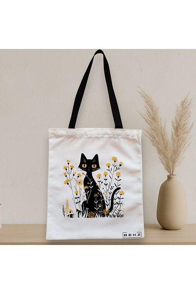 BEKZ Textile Bag With Zipper, Tote Bag, Cat And Flowers Model 12, 38 X 34.5 Cm, ​​White, ®