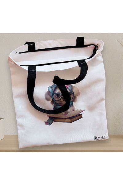BEKZ Sacosa Textila Cu Fermoar, Geanta Tote, Model Reading Puppy 25 38 X 34.5 Cm, Alb, ®