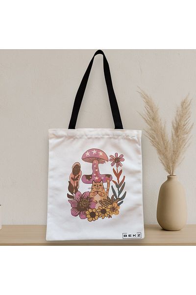BEKZ Textile Bag With Zipper, Tote Bag Colorful Mushrooms 7, 38x34.5 Cm, ​​White, ®