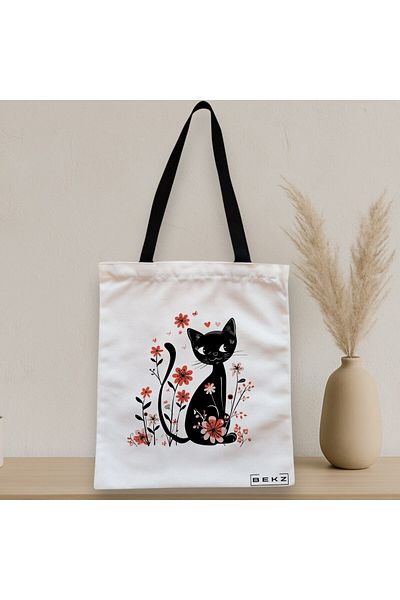 BEKZ Sacosa Textila Cu Fermoar, Geanta Tote, Model Cat And Flowers 8, 38 X 34.5 Cm, Alb, ®