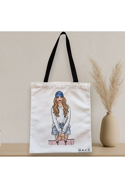 BEKZ Textile Bag With Zipper, Tote Bag Travel Girl 4, 38x34.5 Cm, ​​White, ®
