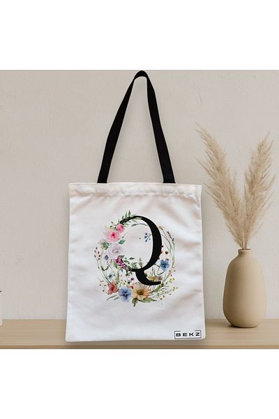 BEKZ Sacosa Textila Cu Fermoar, Geanta Tote, Cu Litera Q In Coronita Florala, 38x34.5 Cm, Alba, ®