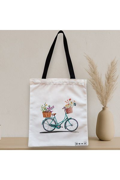 BEKZ Textile Bag With Zipper, Tote Bag, Artistic Bicycle Pattern, 38x34.5 Cm, ​​White, ®
