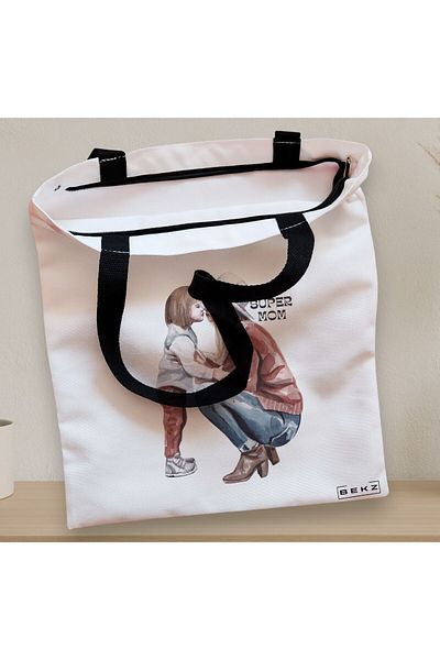 BEKZ Sacosa Textila Cu Fermoar, Geanta Tote, Model Super Mom 3, 38x34.5 Cm, Alba, ®