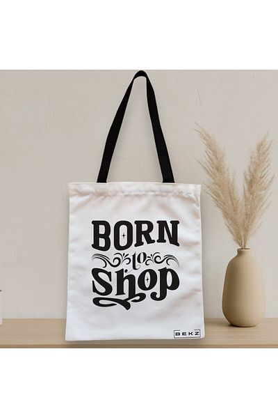 BEKZ Textile Bag With Zipper, Tote Bag, Born To Shop Model, 38x34.5 Cm, ​​White, ®