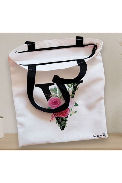 BEKZ Sacosa Textila Cu Fermoar, Geanta Tote, Cu Litera V Si Trandafiri, 38x34.5 Cm, Alba, ®
