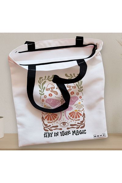 BEKZ Sacosa Textila Cu Fermoar, Geanta Tote Boho Style 4, 38x34.5 Cm, Alba, ®