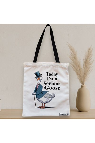 BEKZ Sacosa Textila Cu Fermoar, Geanta Tote, Model Today I’m A Serious Goose 38 X 34.5 Cm, Alb, ®