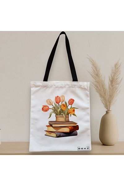 BEKZ Sacosa Textila Cu Fermoar, Geanta Tote, Model Books And Flowers 13 38 X 34.5 Cm, Alb, ®