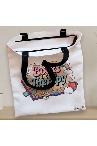 BEKZ Sacosa Textila Cu Fermoar, Geanta Tote, Model Books Are My Therapy 38 X 34.5 Cm, Alb, ®