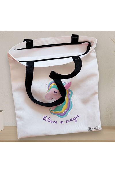 BEKZ Sacosa Textila Cu Fermoar, Geanta Tote, Model Believe In Magic, 38x34.5 Cm, Alba, ®