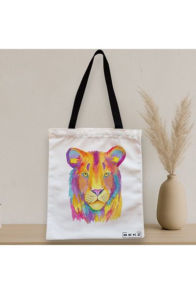 BEKZ Sacosa Textila Cu Fermoar, Geanta Tote, Model Watercolor Lion, 38x34.5 Cm, Alba, ®