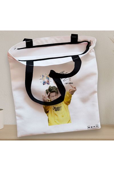 BEKZ Sacosa Textila Cu Fermoar, Geanta Tote, Model Bts Rm Cu Semnatura, 38x34.5 Cm, Alba, ®