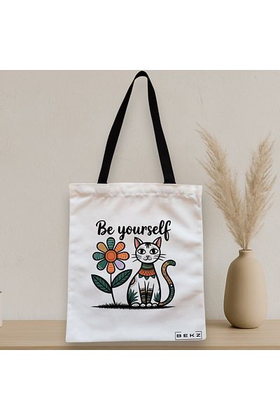 BEKZ Textile Bag With Zipper, Tote Bag, Be Yourself Flower Cat Model, 38 X 34.5 Cm, ​​White, ®