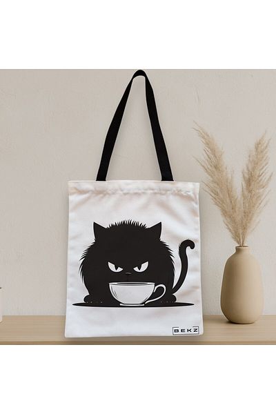 BEKZ Sacosa Textila Cu Fermoar, Geanta Tote, Model Caffeine Cat 27 38 X 34.5 Cm, Alb, ®