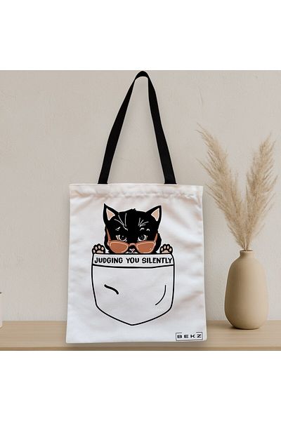 BEKZ Sacosa Textila Cu Fermoar, Geanta Tote, Model Judging You Silently, 38 X 34.5 Cm, Alb, ®