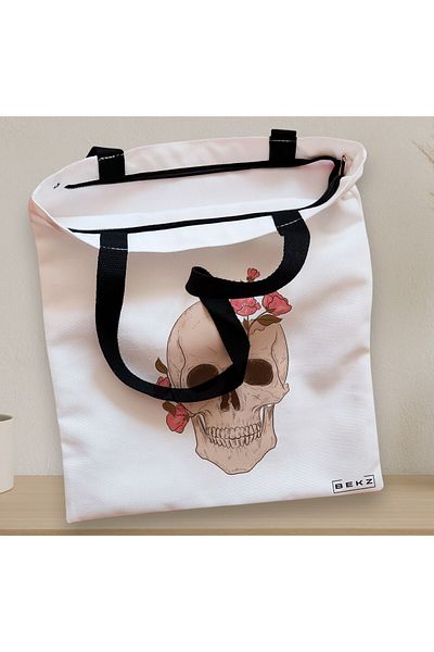 BEKZ Sacosa Textila Cu Fermoar, Geanta Tote, Model Floral Skull, 38x34.5 Cm, Alba, ®