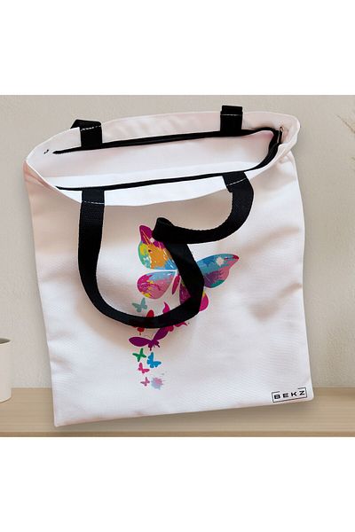 BEKZ Sacosa Textila Cu Fermoar, Geanta Tote, Model Watercolor Butterfly, 38x34.5 Cm, Alba, ®