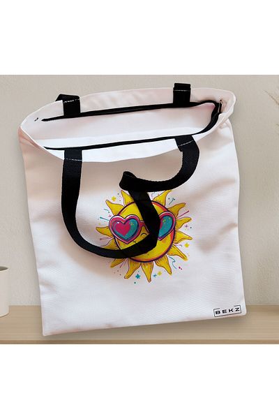 BEKZ Sacosa Textila Cu Fermoar, Geanta Tote, Model Sun Faces 3 38 X 34.5 Cm, Alb, ®