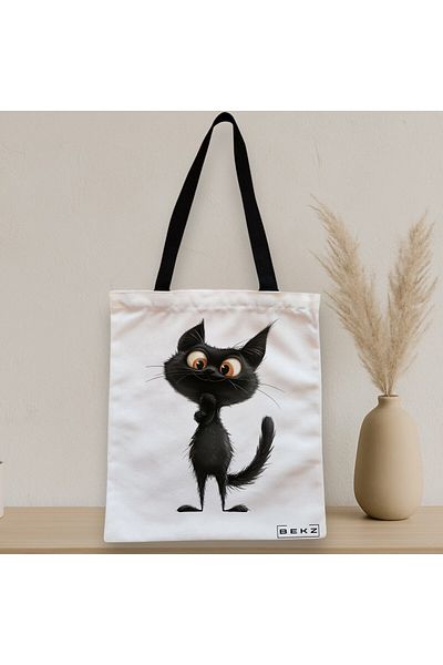 BEKZ Textile Bag With Zipper, Tote Bag, The Curious Cat Model 38 X 34.5 Cm, ​​White, ®