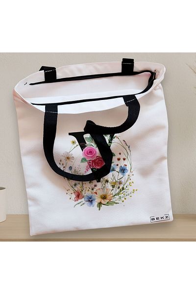 BEKZ Textile Bag With Zipper, Tote Bag, With Letter V In Floral Wreath, 38x34.5 Cm, ​​White, ®