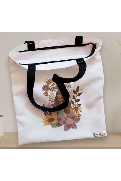 BEKZ Sacosa Textila Cu Fermoar, Geanta Tote Colorful Mushrooms 3, 38x34.5 Cm, Alba, ®