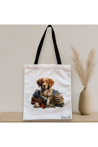BEKZ Textile Bag With Zipper, Tote Bag, Reading Puppy Model 13 38 X 34.5 Cm, ​​White, ®