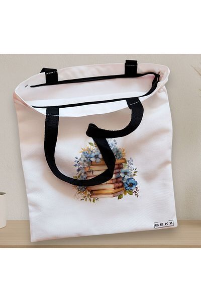 BEKZ Textile Bag With Zipper, Tote Bag, Books And Flowers Model 16 38 X 34.5 Cm, ​​White, ®