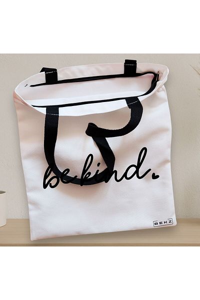 BEKZ Sacosa Textila Cu Fermoar, Geanta Tote, Model Be Kind, 38x34.5 Cm, Alba, ®