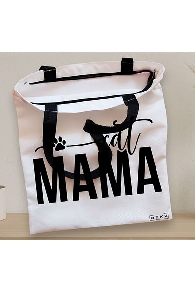 BEKZ Sacosa Textila Cu Fermoar, Geanta Tote, Model Cat Mama, 38 X 34.5 Cm, Alb, ®